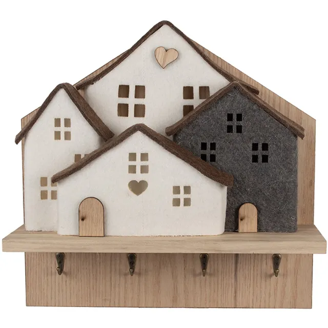 Clayre & Eef Wandkapstok 4 Haken Huis 40x13x40 cm Bruin Wit Hout