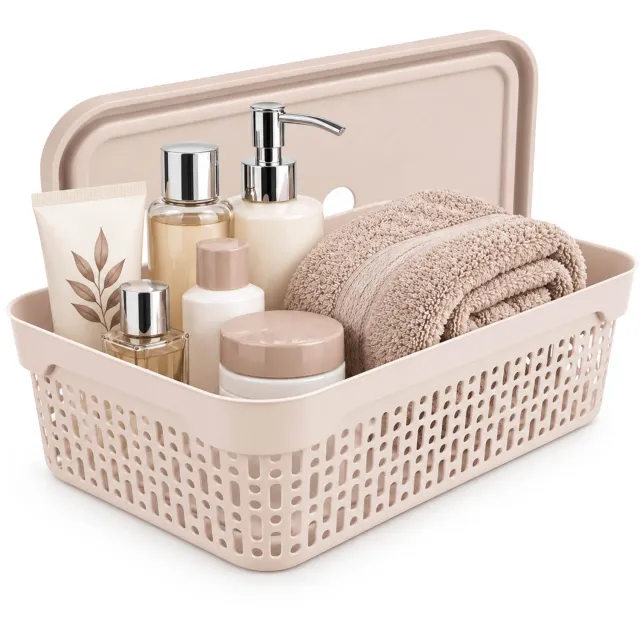 KADAX opbergdoos met deksel, 30 x 20 x 9 cm, opbergmand, stapelbare kunststof doos, opbergdoos van kunststof, opbergdoos voor plank en kast, beige