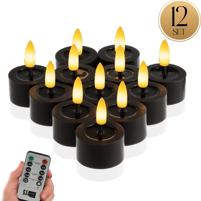 Meisterhome LED-theelichten 12-delige set Zwart - vlamloze LED kaarsen - flikkerend licht – LED waxinelichtjes – Ø 4,5 cm, hoogte 2,5 cm – echte wax – met timer & afstandsbediening – werkt op batterijen – warm wit licht