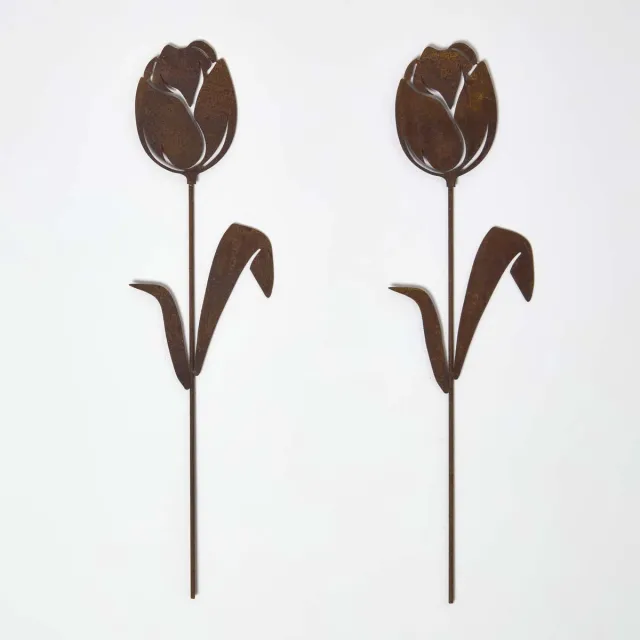 Homescapes Tuinpaal Roest - Tulp Tuindecoratie Set van 2 Roestbruin