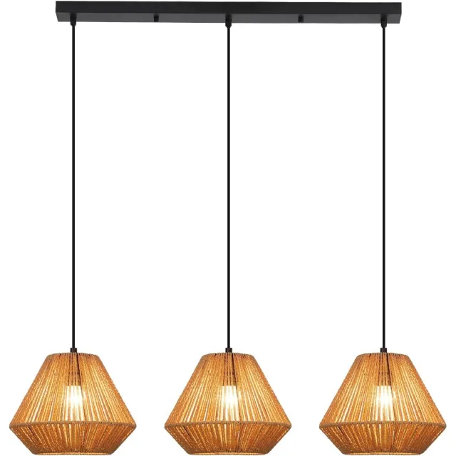 Glitzerlife Hanglampen - Boho Retro Design - 3xE27 - Hoogte Verstelbaar - Papierseil IJzer - Ø25cm - Zwart Lichte Rood - Hanglamp Eetkamer Woonkamer Slaapkamer Diamantvormige