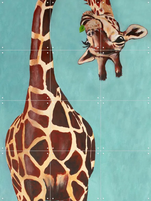 IXXI Giraffe with green leaf, Coco de Paris - 60 x 80 cm - Grote wanddecoratie en posters - Olieverf, Schilderijen, Speels, Illustraties, Kleurrijk Bruin / Blauw