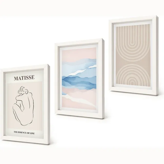 Coloray 3-Delige Schilderij Set - Lijnen en golven in pasteltinten met een minimalistisch accent. - 20x30 - Muurdecoratie - Schilderijen Set - Woonkamer - Woonkamer Decoratie Witte lijst