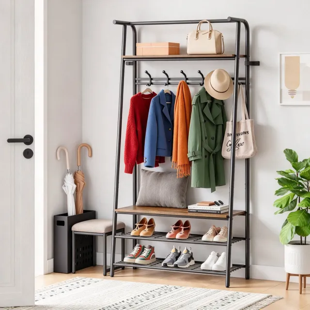 HOERFURIY Kapstok Staand - Kapstok met Schoenenrek - Garderoberek - Multifunctioneel Halmeubel - 5 Haken Enkele Rij - Kleedstang & Houtlook Opbergplanken - Industrieel Vintage - Stabiel Metalen Frame - voor Gang & Woonkamer - Zwart