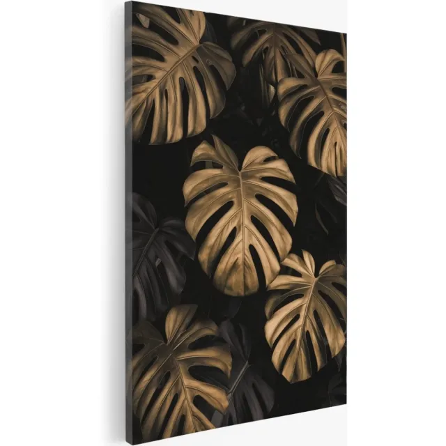 Saammp Canvas Schilderij - Grote Goude Bladeren - Abstract - Bloemen - 80x120 - Foto op canvas - Wanddecoratie - Muurdecoratie Woonkamer - Kantoor Decoratie Multicolor