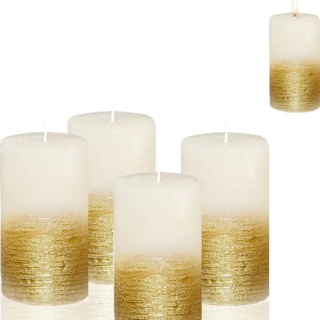 Candelo 4-delige set kaarsen Ambiente rustieke stompkaarsen – wit metallic goud – kaars 12 cm – lange brandduur ca. 54 uur kerstkaarsen voor adventskrans weiß-Gold