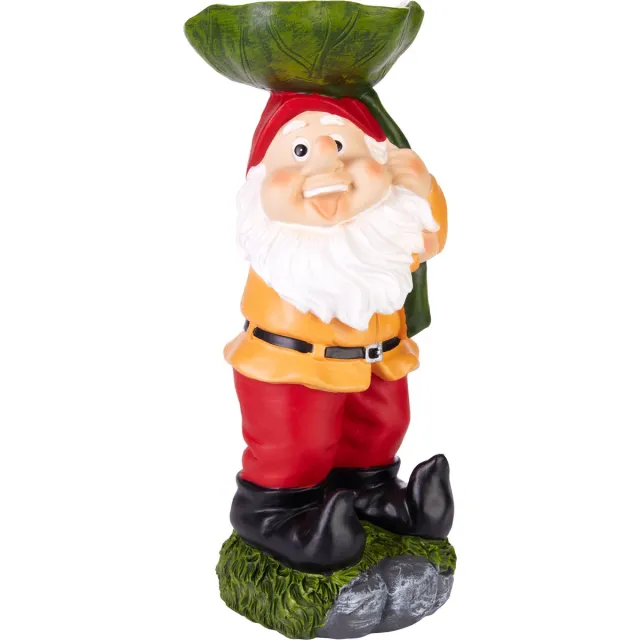 Brubaker Tuinkabouter met Blad voor Waterregen en Vogelvoer - Gelukkige Kabouter - Grappig Tuinbeeldje - Weerbestendige Decoratie voor Tuin en Camping - Tuindecoratie voor Buiten - 24 cm