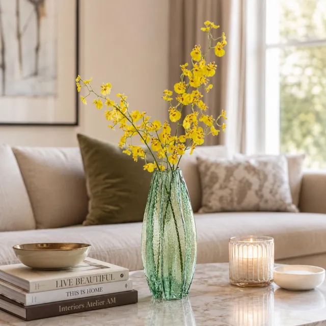 Mega Collections Bloemenvaas Callas - bewerkt sier glas - D12 x H30 cm - transparant groen - boeket en stelen - Moderne stijl