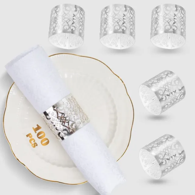 Famanu Set van 100 premium servetringen, lasergesneden foliedapier servethouder voor bruiloften, feesten, eettafel decoratie en speciale evenementen, zilver