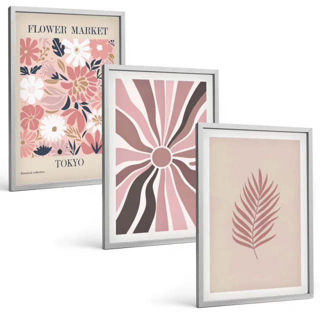TULUP 4-Delige Schilderij Set - Bloemmotieven met bladeren en geometrische vormen - 40 x 60 cm - Wanddecoratie - Moderne Interieurdecoratie Zilveren lijst