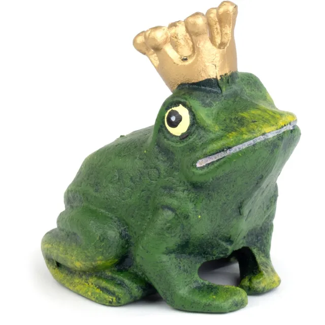 Moritz Tuinbeeld Kikker met Kroon - Gietijzer - 11,5 cm hoog - Groen Goud Antiek - Kikkerbeeld zittend in klassieke sprookjesvorm met gouden kroon - Geschikt voor binnen en buiten - Tuindecoratie voor border en vijverrand - 1 stuk