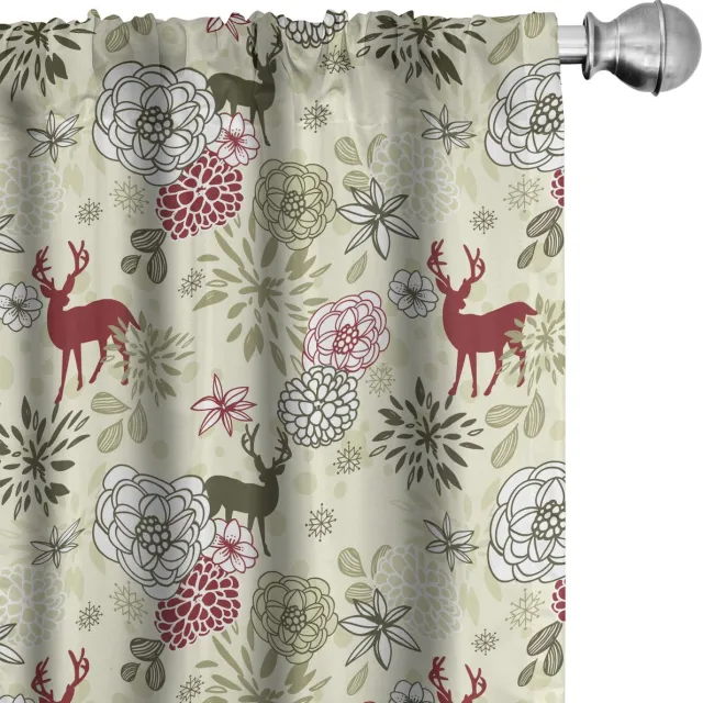 ABAKUHAUS Winter Raamgordijnen, Hert Bloemen Kerstmis, Lichtgewicht decoratieve 2-delige set met roedezak, 2 stuks 75 cm B x 225 cm L, Olijfgroen Lichtgroen