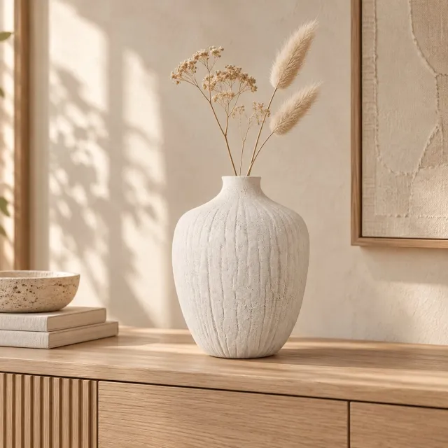 Fameilleur Vaas Beige Ø 20 x H 26,5 cm – Ronde Keramische Bloemenvaas van Stoneware – Schelpvormige Designvaas met Verticale Ribbelstructuur – Droogbloemenvaas, Takkenvaas en Moderne Woondecoratie voor Woonkamer en Eettafel- Beige vaas, keramische