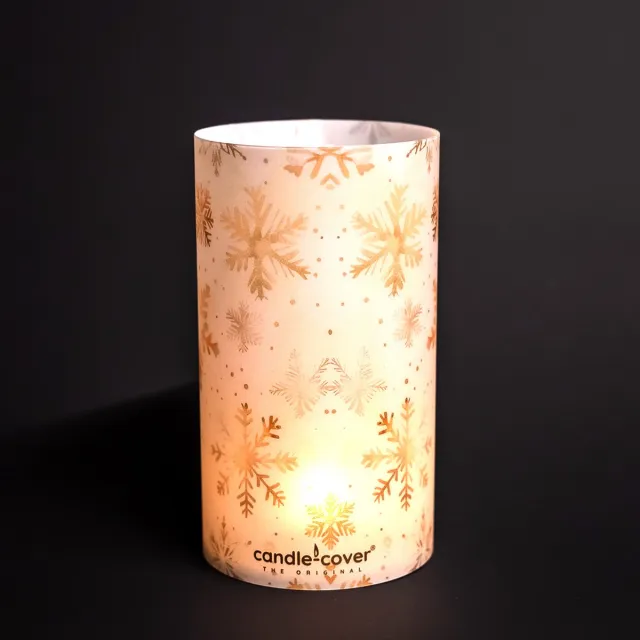 Candlecover Candle-Cover - Kerst en Winter - Golden Snowflakes - trendy omhulsel voor (oplaadbaar) theelicht en waxinelicht - windlicht - 9 cm rond - 16 cm hoog Goud