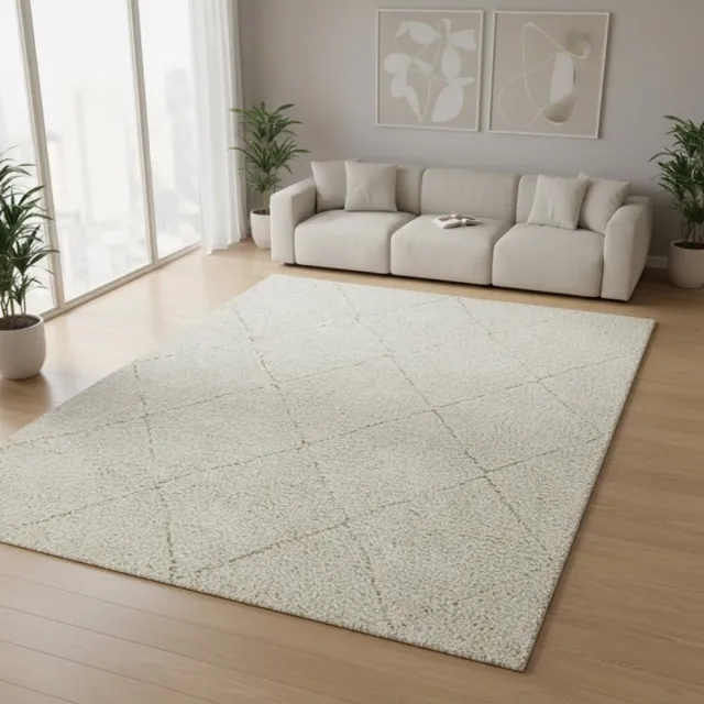 TapisTrend Harig tapijt Crème 80x150 cm Hoogpolig vloerkleed met een groot ruitpatroon voor de woonkamer, slaapkamer en ontspanningsruimte Beige