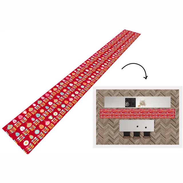 KitchenYeah Keukenloper 480x60 cm - Keukenmat vinyl Patronen - Bloemen - Retro - Rood - Keukenmatten loper - Keuken vloerkleed tapijt