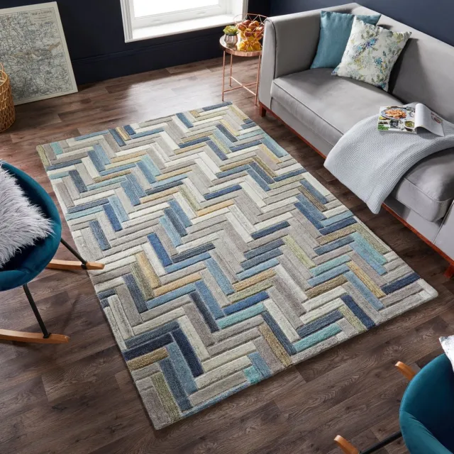 flycarpets Russo Modern Laagpolig - 100% Wol - Geo Vloerkleed - Naturel / Multi - 120x170 cm Blauw