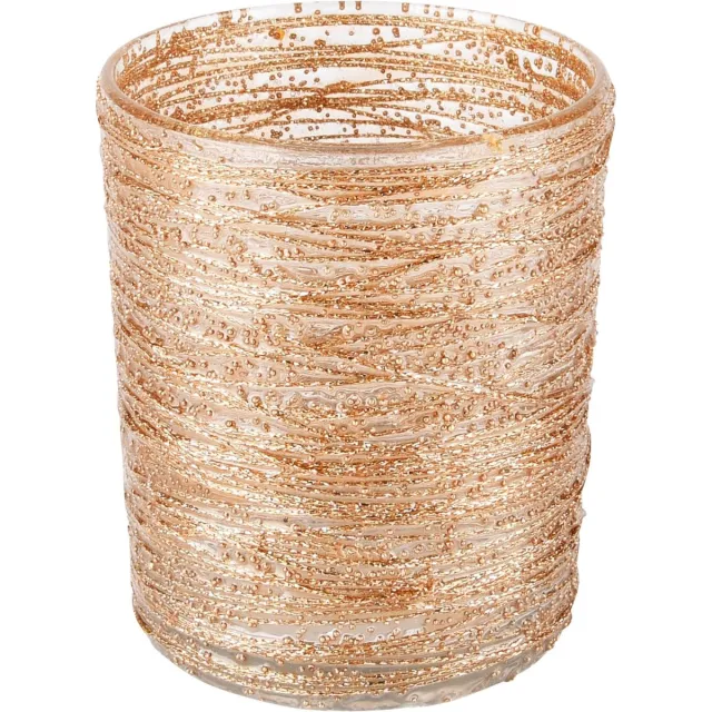 dekoratief Waxinelichtjeshouder / theelichthouder / windlicht met gouden draad - Goud / transparant - 7 x 7 x 9 cm hoog.