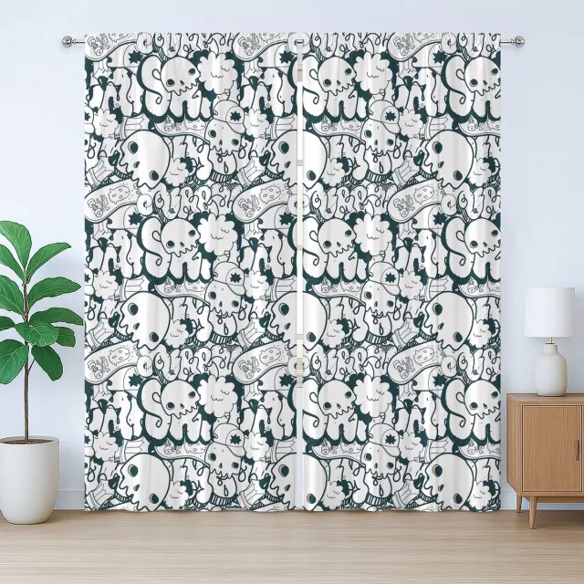 ABAKUHAUS Rustiek gordijn voor tieners, schedel en graffiti, slaapkamergordijn met plooien, lussen en haken, 280 x 260 cm, antracietgrijs wit