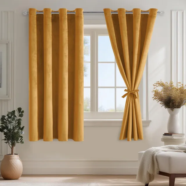 Famanu Fluwelen gordijnen set van 2, semi-verduisterende thermische gordijnen met ogen, 140L x 145H cm, mosterdgeel, perfect voor slaapkamers en woonkamers met een luxe uitstraling