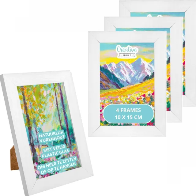 Creative Home 4 x Dennenhouten Fotolijst 10 x 15 cm Wit | Rustieke Lijsten | Met Standaard en Haken om Horizontaal of Verticaal op te Hangen | Eenvoudige Montage | Glas | Set van 4 Lijsten Wit | 4x