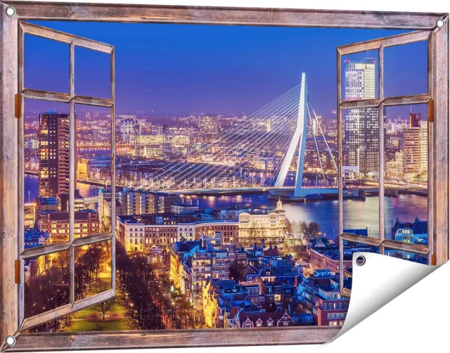 Gards Tuinposter Doorkijk Rotterdamse Skyline met de Erasmusbrug - 90x60 cm - Tuindoek - Tuindecoratie - Wanddecoratie buiten - Tuinschilderij Bruin