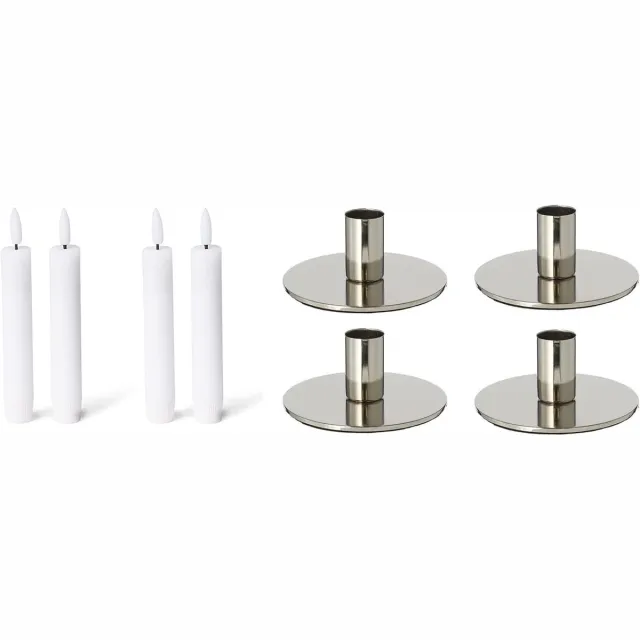 Novaliv Set van 4 zilveren kaarsenhouders Kerstdecoratie kaarsenhouder 10x5cm metaal met LED-kaarsen vlamloze echte waskaarsen premium Adventskrans Kerst scandinavische chique tafelkaarsen wit