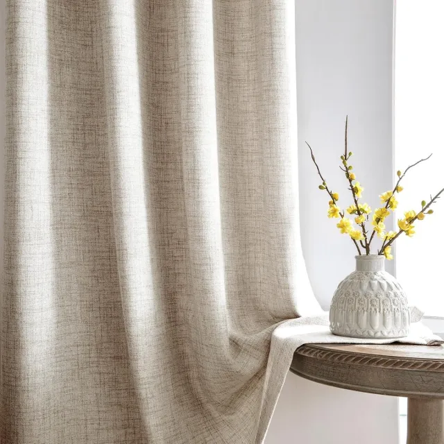 Famanu Gordijnen met plooiband, beige, linnenlook, halfvrije gordijnen, set van 2, 225 x 140cm