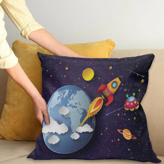 ABAKUHAUS Plek Kussenhoes, Rakete Aarde Sterren UFO, Kussenhoes met Dubbelzijdig Patroon, Heldere Digitale Print, Kleurecht, met Ritssluiting, 40 x 40 cm, Meerkleurig