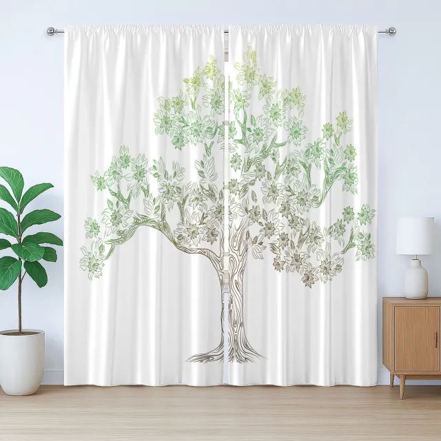 ABAKUHAUS Rustiek boomgordijn, eikenbladeren in doodle-stijl, geplooid slaapkamergordijn met lussen en haken, 280 x 245 cm, lichtgroen/varengroen