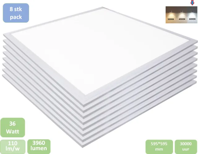 TulpLux 8pcs - LED paneel 60x60 cm - 36w 6000k (koud wit) - 3960lm