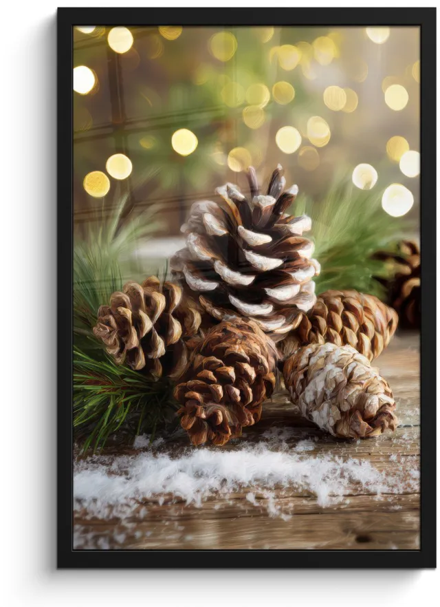 FrameYourWall Poster in lijst - Fotolijst 40x60 cm - Posters - Dennenappels - Kerstsfeer - Bruin - Groen - Posterlijst zwart - Decoratie - Wanddecoratie woonkamer - Muurdecoratie slaapkamer - Kerstversiering - Kerstdecoratie voor binnen - Kerstmis