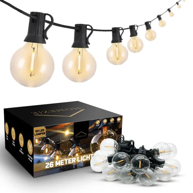 Homezie Lichtsnoer | 26 meter met 50 kunststof LED bulbs | Warm wit | IP44 Spatwaterdicht | Koppelbaar & Dimbaar | Tuinverlichting | Prikkabel