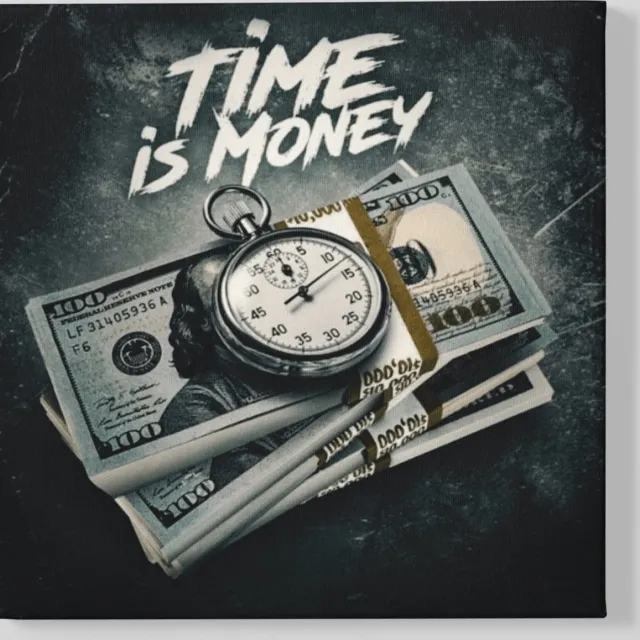 Trendex Global Vierkant Canvas Schilderij - Time is Money - 100x100x2 cm Grijs