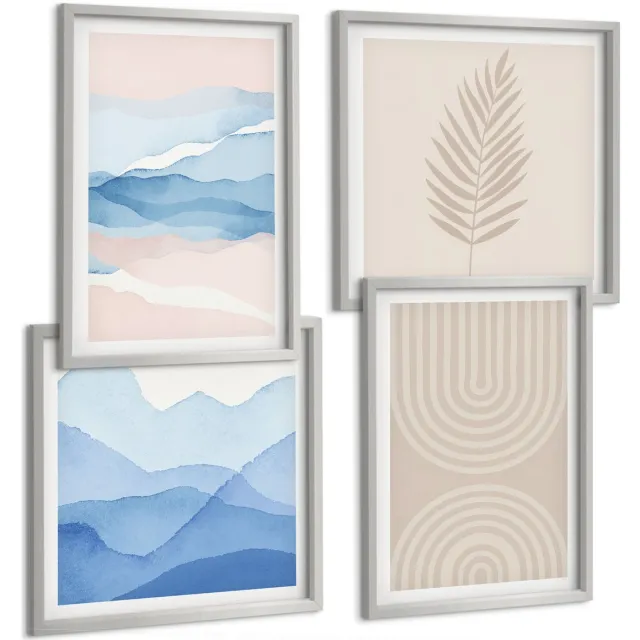 TULUP 4-Delige Schilderij Set - Bladeren en golven in beige en blauwe tinten. - 40 x 40 cm en 40 x 60 cm - Decoratieve Schilderijen - Woonkamer - Interieur - Woonkamer Decoratie Zilveren lijst