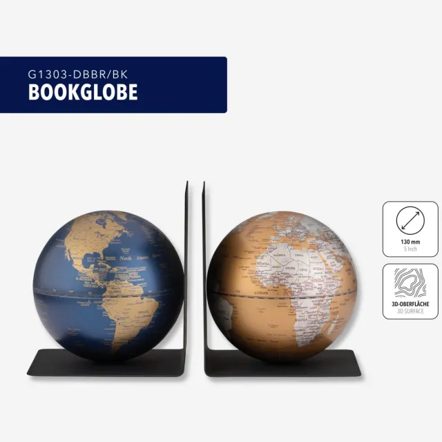 Troika Tafel Design Globes / BOOKGLOBE / Hoogwaardige boekensteunenset met twee mini-globes. De boekensteunen zijn gemaakt van matzwart metaal en hebben een hoogte van 15,5 cm / magnetisch blauw / goud