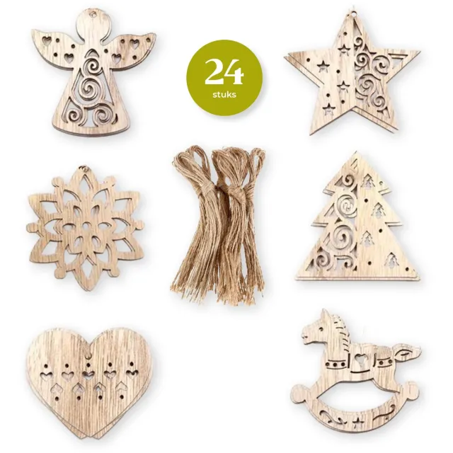 Giftmas Houten Kerstballen – Kerstbal Hout – Kerstversiering voor Binnen – Kerstboomversiering – Kerstboomhangers – Kerst Figuurtjes – 6 Vormen - ⌀6,5cm – 24 Stuks naturel