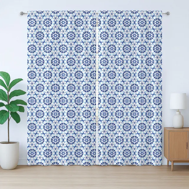 ABAKUHAUS Blauw Mandala Rustiek Gordijn, Abstract Bloemenmotief, met Bandjes en Haken voor de Woonkamer, 280 x 225 cm, Koningsblauw Marineblauw