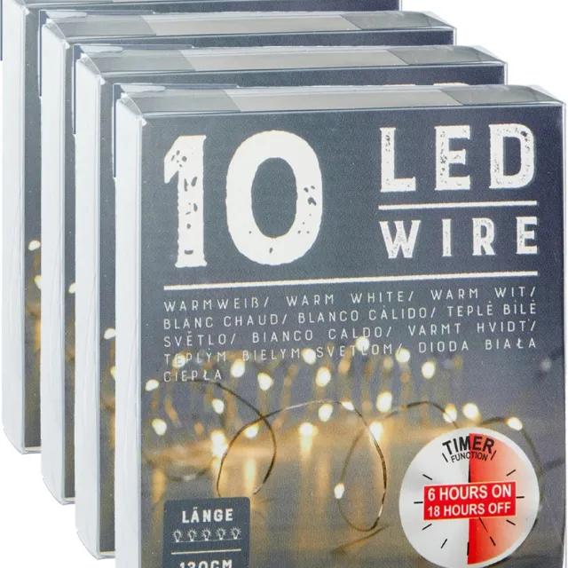 Cepewa Draadverlichting lichtsnoer - 4x - 120 cm - 10 leds - warm wit - batterij - timer - kerstverlichting/sfeerverlichting