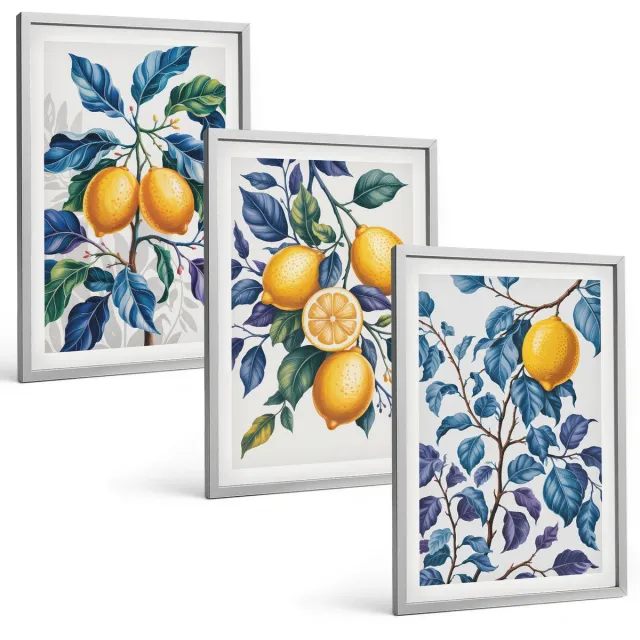 Coloray 3-Delige Schilderij Set - Citroenen Aan Takken Met Blauwe Bladeren - 40 x 60 cm - Wanddecoratie - Woonkamer Decoratie - Muurdecoratie Zilveren lijst