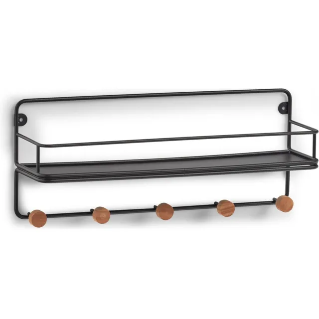 Zeller keuken/badkamer wandrek met kapstokhaken - zwart - metaal/hout - 45 x 11,8 x 18 cm - Ophanghaken rekje
