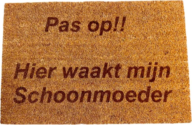 De Lange Trading Deurmat met tekst - Deurmat kokos - Deurmat binnen - Pas op!! Hier waakt mijn schoonmoeder - 40x60 cm - Kleur bruin - Humor