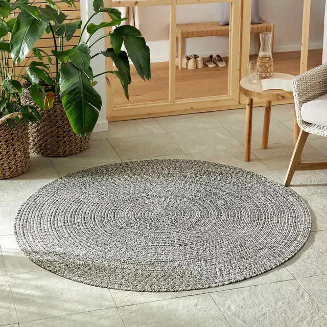 flycarpets Trenzado Rond Binnen- en buitenkleed Gemeleerd - Jute Look - Vloerkleed Buiten / Tuintapijt - Laagpolig - 200 cm Grijs