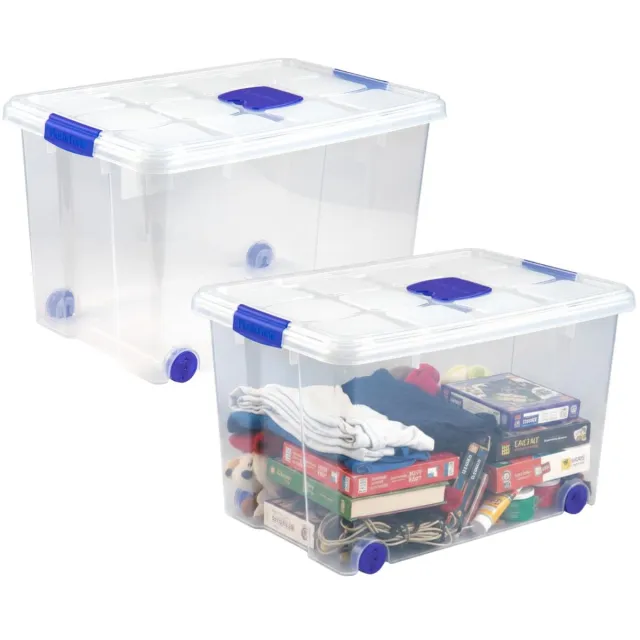 PLASTICFORTE Opslagbox - 2x stuks - met deksel - 55L - 59 x 40 x 35 cm - transparant - opbergbak - met wielen