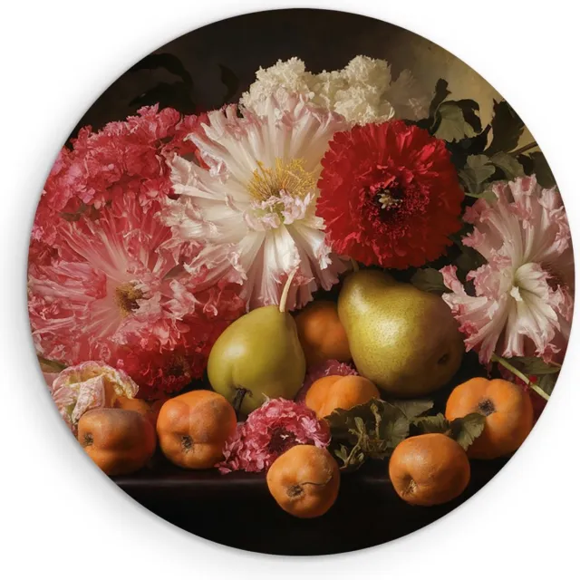 Saammp Muurcirkel Hout - Bloemen en Vruchten - Klassiek Stilleven - Abstract - Ø 80 - Wandcirkel - Wanddecoratie Cirkel - Muurdecoratie Woonkamer - Kantoor Decoratie