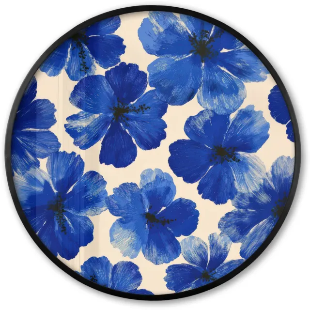 FrameYourWall Poster in lijst Rond - Fotolijst 80x80 cm - Posters - Bloemen - Blauw -Patroon - Wit - Ronde posterlijst zwart - Decoratie - Wanddecoratie woonkamer - Muurdecoratie slaapkamer Bloemen - Blauw - Patroon - Wit