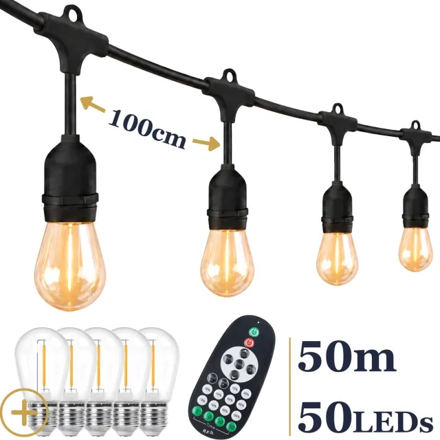 Odaily Lichtsnoer Buiten - 50 Meter - 50 LED Lampen - Warm Wit Licht - Dimbaar - Horecakwaliteit