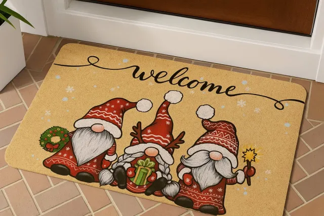 DZ-Ecommerce Kerst Deurmat – “Welcome” met Kerst Gnomes – 60x40 cm – Antislip & Wasbaar – Kerstdecoratie voor Binnen & Buiten Bruin
