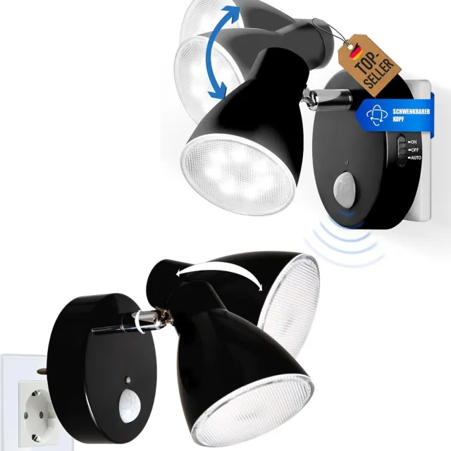 Trango Set van 2 2635-025 LED-sensor nachtlampje * MILO * met bewegingssensor en automatische functie in zwart veiligheidslicht 230V socket lamp, wandlamp, oriëntatielicht, nachtlamp, socket licht