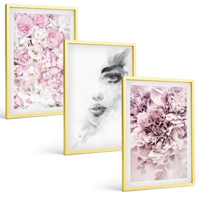 Coloray 3-Delige Schilderij Set - Lichte Texturen Op Zand In Boho-Stijl, Subtiel - 40 x 60 cm - Muurdecoratie - Interieur Decoratie - Woonkamer Decoratie Gouden lijst